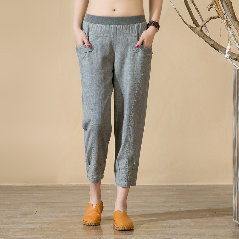 Women Casual Harem Pants Spring Summer Ankle-length Trousers Female Elastic Waist Women Pants Cotton Linen High Waist Pants 4XL 201111