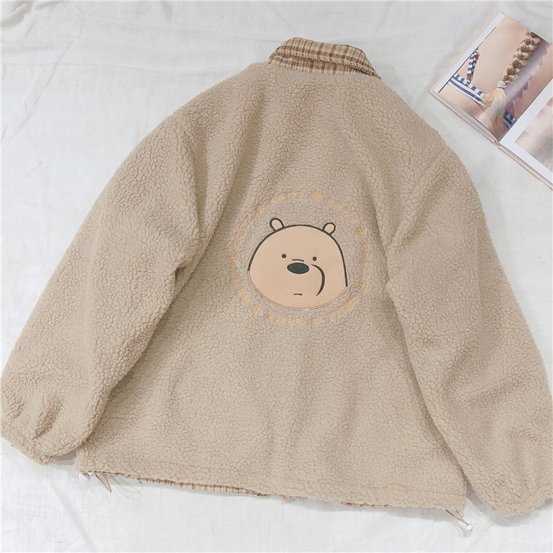 Lamb wool Coat Bear Embroidery Cute Women Student Thicken Plaid Jacket Small Fresh Soft sister Loose Long Sleeve Outer Wear Tops 201106, Khaki
Lamb wool Coat Bear Embroidery Cute Women Student Thicken Plaid Jacket Small Fresh Soft sister Loose Long Sleeve Outer Wear Tops 201106, Khaki