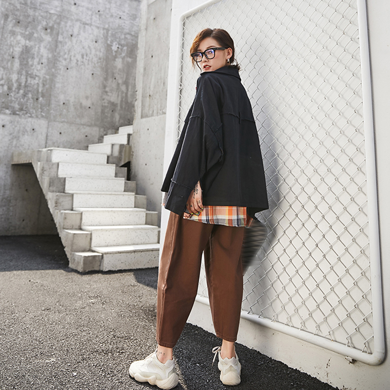EAM Loose Fit Black Plaid Stitch Big Size Jacket Lapel Long Sleeve Women Coat Fashion Spring Autumn 1X775 201017