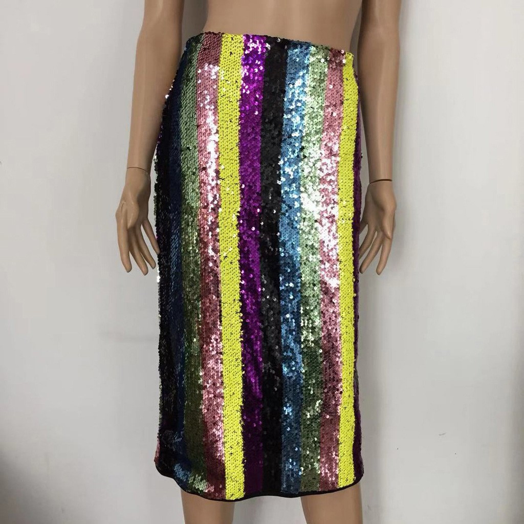 Sexy Striped Patchwork Sequins Split Hem Skirts Womens Fashion High Waist Mid Calf Skirt Elegant Ladies Skirt Faldas Mujer Moda T200324