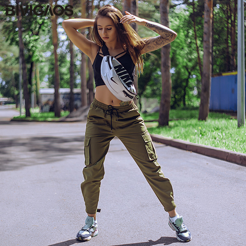 BIVIGAOS New Women Harajuku Stylish Cargo Pants Korean Overalls Trend Fashion Casual Slim Harem Pants MAGIC TAPE Ninth Pants 201109