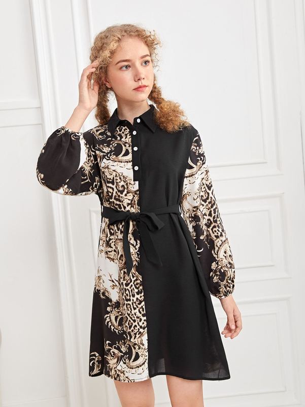 Teen Girls Self Belted Leopard and Baroque Print Shirt Dress SHE