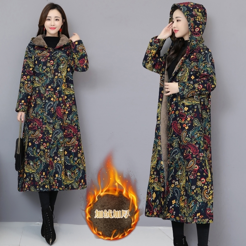Women's Down Parkas Chinese Red Floral Women Winter Long Jacket Vintage fleece lining Padded Winter Coat Female Blue Flower Parka Ladies Windbrea