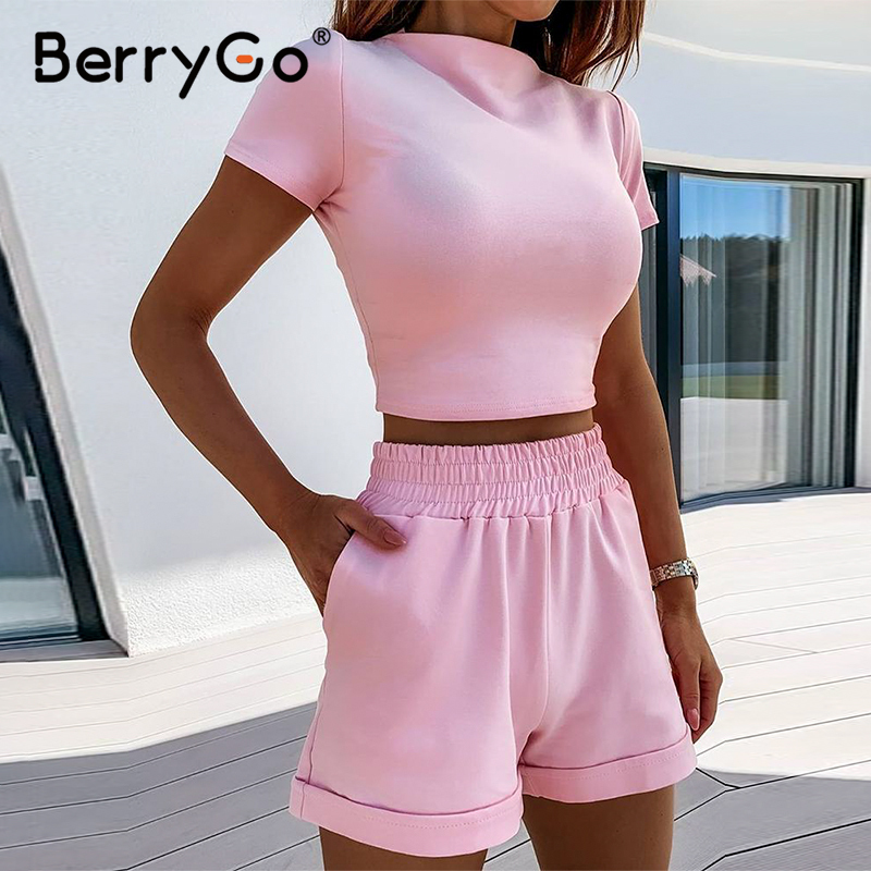 BerryGo Sexy turtleneck two-piece women shorts set Casual short sleeve womens tracksuit Tight female suits summer sport suit T200610