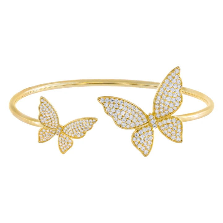 Fashion Open Adjusted Bangle for Women Micro Pave Iced Out Bling 5A Clear Cubic Zirconia CZ Double Big Butterfly Charm Fashion Bracelets