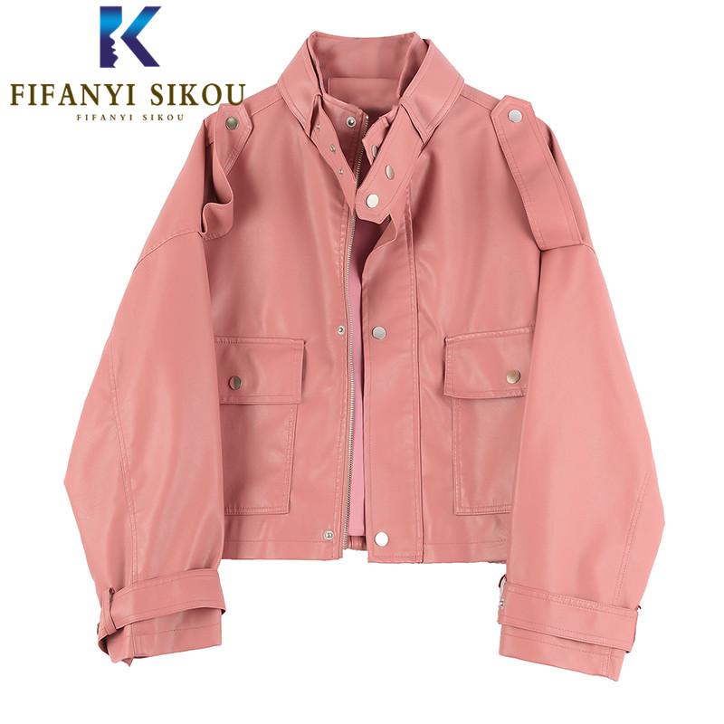 2020 Spring Women Pink Leather Jacket Pocket Zipper Motorcycle Short Coat Female Loose Fashion Bomber PU Leather Jackets Outwear, Black 
2020 Spring Women Pink Leather Jacket Pocket Zipper Motorcycle Short Coat Female Loose Fashion Bomber PU Leather Jackets Outwear, Black