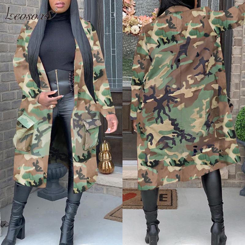 Women's Trench Coats Autumn 2022 Coat Camo Long Female Armygreen Print Outwear Clothing Woman Sleeve Abrigo Mujer B5
