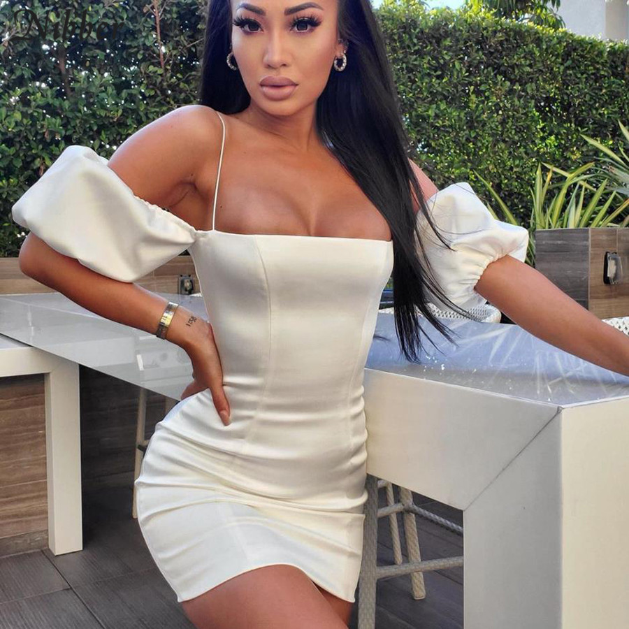 Nibber autumn French romance party night lace up bodycon dress women pink white Elegant off shoulder club Slim dress mujer T200521