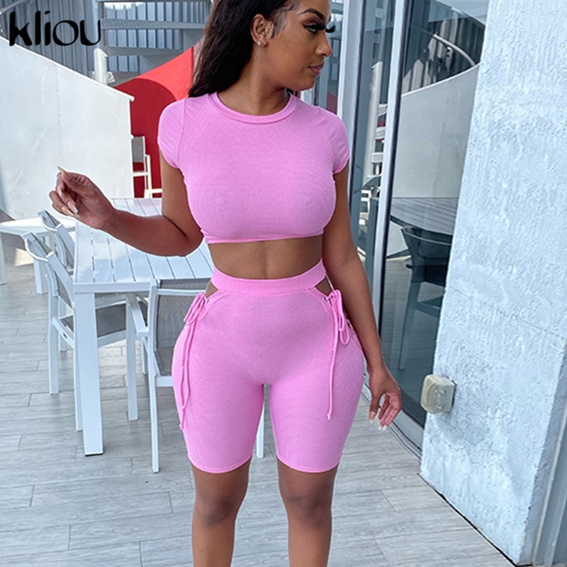 Kliou tracksuit women casual ribbed sporty solid matching set short sleeve+bandage hollow out biker shorts stretchy slim fitness 201104
