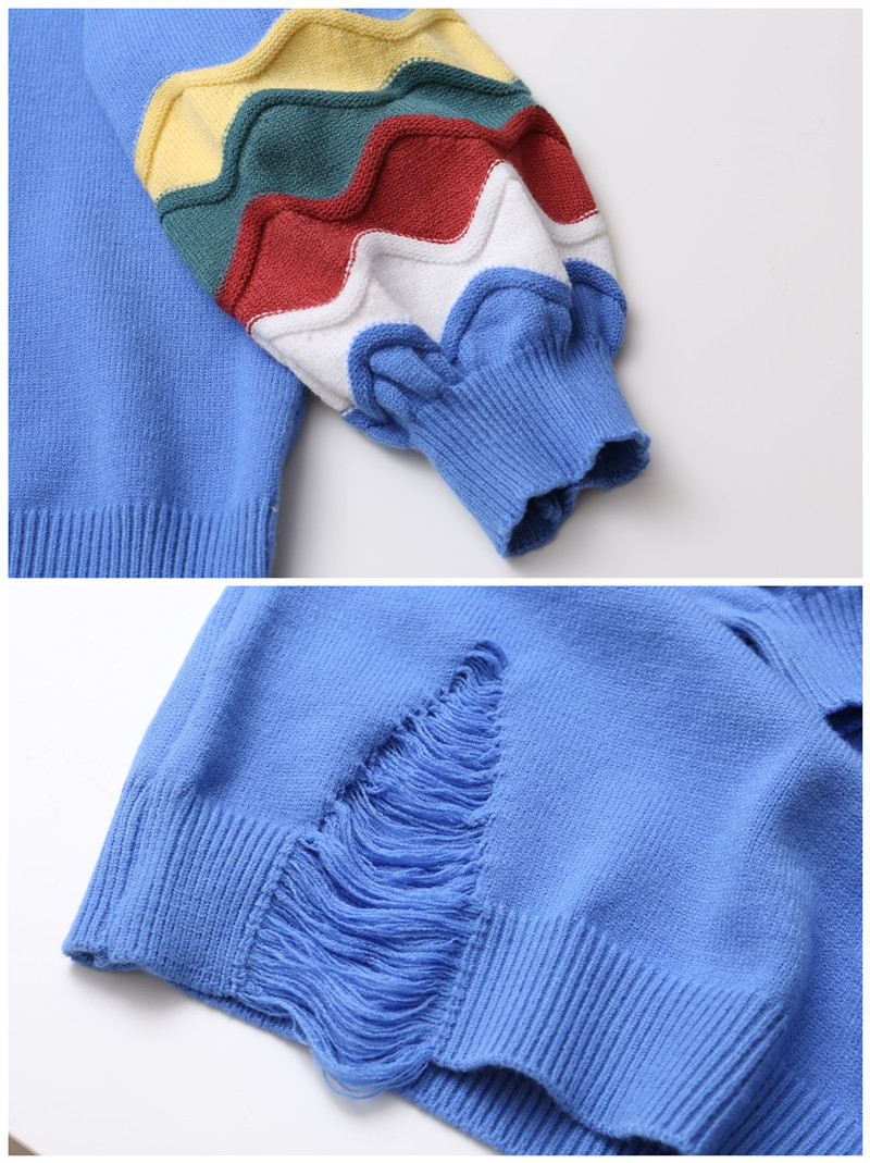 autumn and winter loose round neck color wide-sleeved sweater hem hole lazy wind pullover sweater women 201223