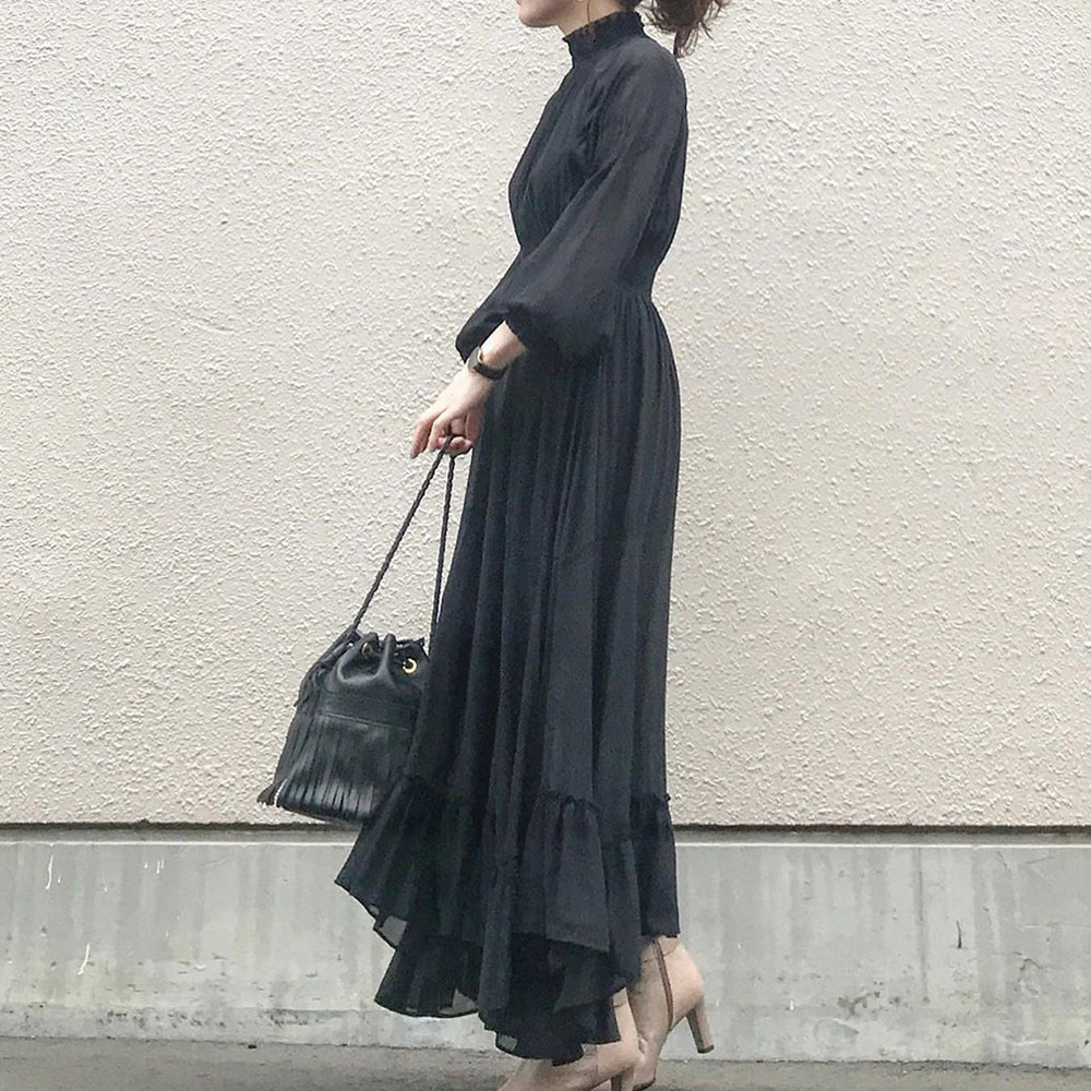 Elegant Chiffon Dress Women Autumn Korean Boho Office Ladies Plain High Waist A-Line Long Black Dresses Retro Maxi Robe Party T200604
