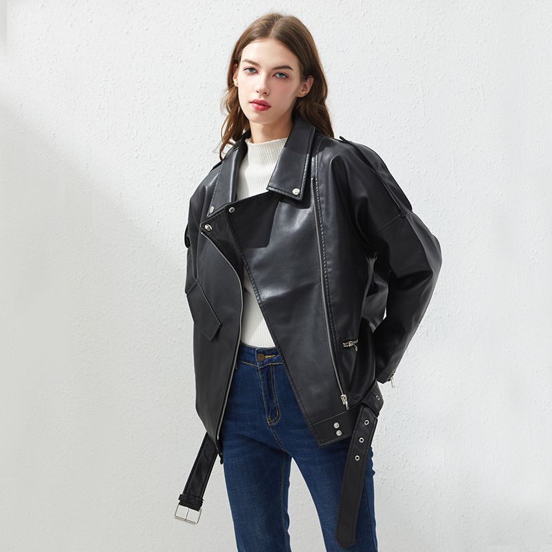 Fitaylor PU Faux Leather Jacket Women Loose Sashes Casual Biker Jackets Outwear Female Tops BF Style Black Leather Jacket Coat 201226