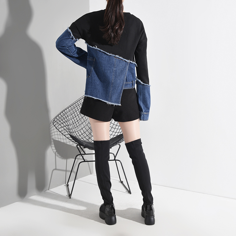 EAM Loose Fit Denim Burr Split Asymmetrical Sweatshirt New Round Neck Long Sleeve Women Big Size Fashion Spring LJ200808