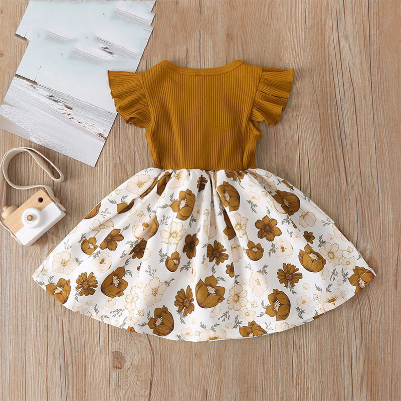 Girls Dress Summer New Girls Flying Sleeve Stitching Floral Dress Infant Baby Girls Princess Dress Clothing For GirlsX1019