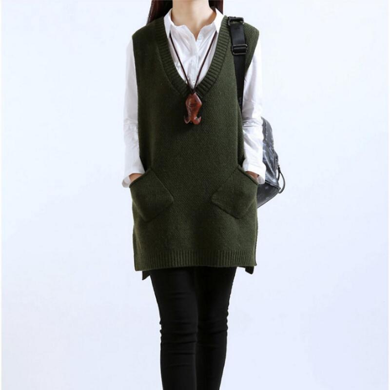Women Sweater Spring Autumn New Korean Women's Vneck Knit Long Ashaped Pocket Vest Pullover Sleeveless 200924