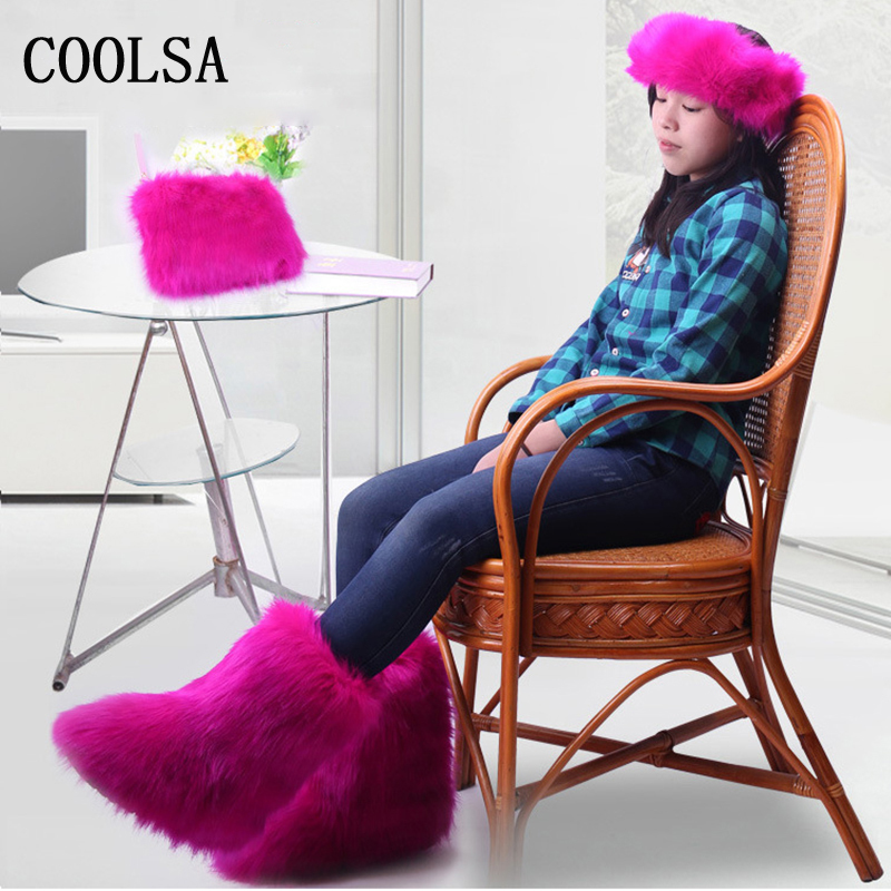 Winter Women Fur Boots Fluffy Fur Snow Boots For Women Faux Fur Ankle Boot Furry Plush Shoe Flat Heel Boot Lady Bag Headband Set 201021