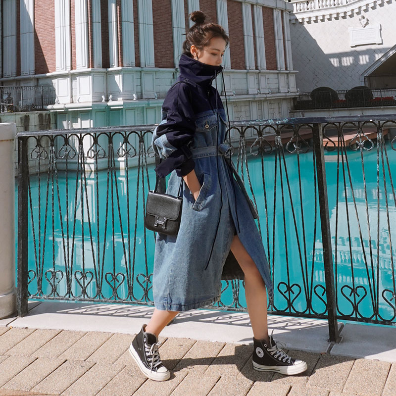 2020 Denim Trench Coat For Women Streetwear Loose Long Coat Women with belt Jeans Trench Coat Female Windbreaker Femme FY71 T200810