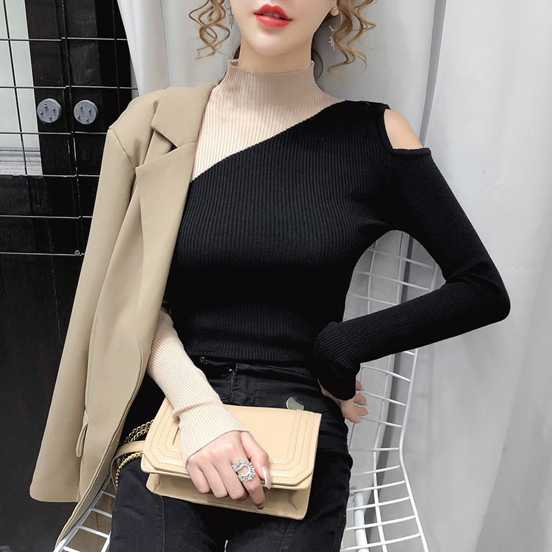 Sexy Knitted Sweater Off Shoulder Pullovers Sweater for Women Long Sleeve Turtleneck Female Jumper Black White Clothing 201224