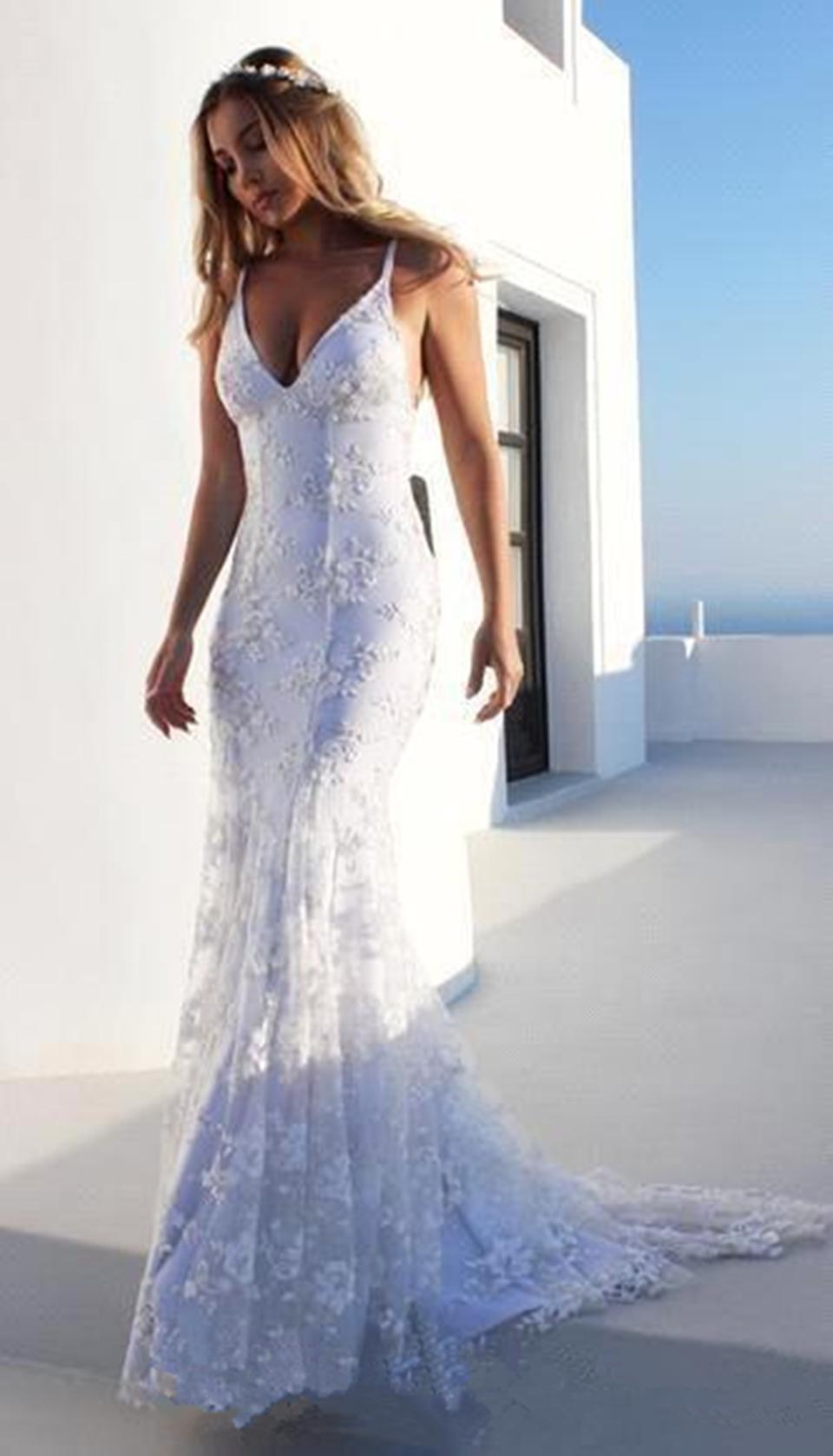 Backless Sexy Mermaid Dresses Spaghetti Straps Sweep Train Embroidery Lace Applique V Neck Wedding Gown Vestido De Novia estido