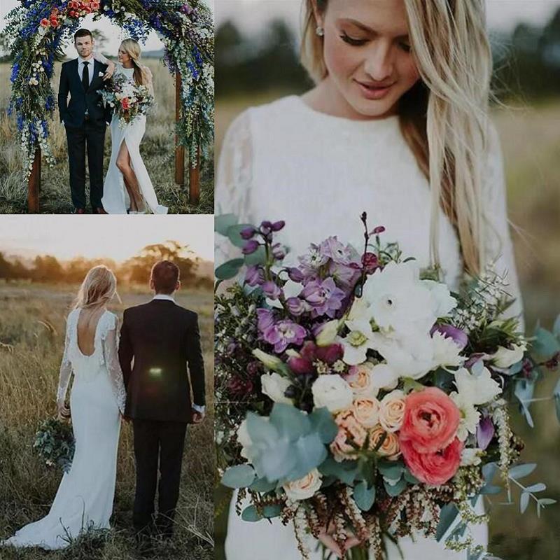 2021 Sexy Backless Mermaid Wedding Dresses Sheer Long Sleeves Country Boho Style Beach Bridal Gowns Split Front Lace Engagement Dresses