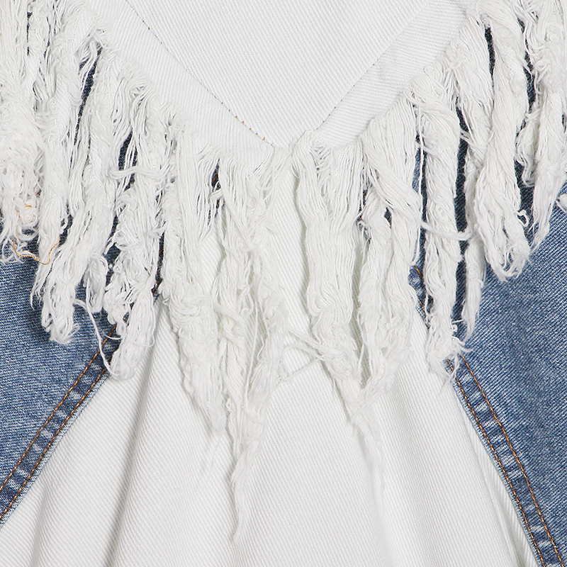 EWQ Female Fashion Clothing Autumn Patchwork Tassel Denim Jacket For Women Lapel Long Sleeve Streetwear Coat 201017
