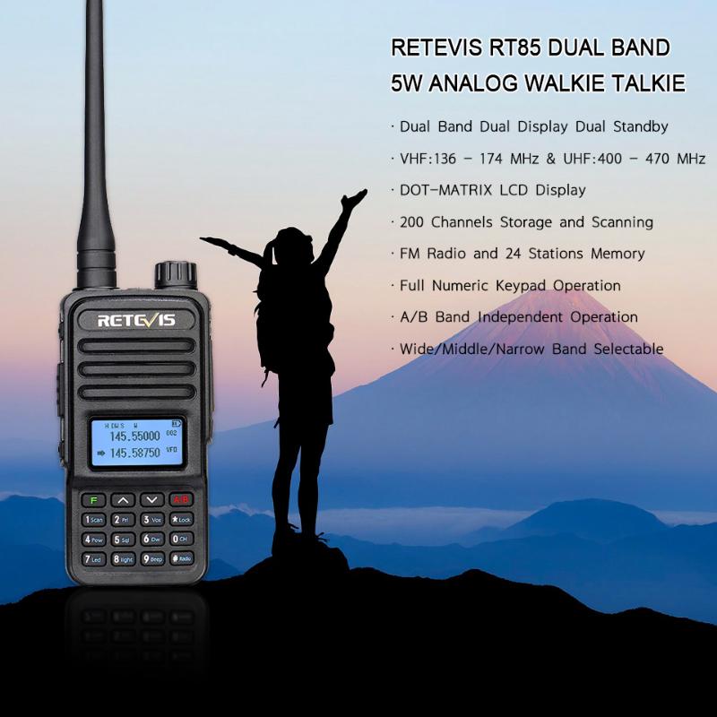 Retevis RT85 Analog Walkie Talkie 5W UV Dual Band Handheld Two Way Radio with Screen Keyboard VOX FM Radio Portable Transceiver
Retevis RT85 Analog Walkie Talkie 5W UV Dual Band Handheld Two Way Radio with Screen Keyboard VOX FM Radio Portable Transceiver