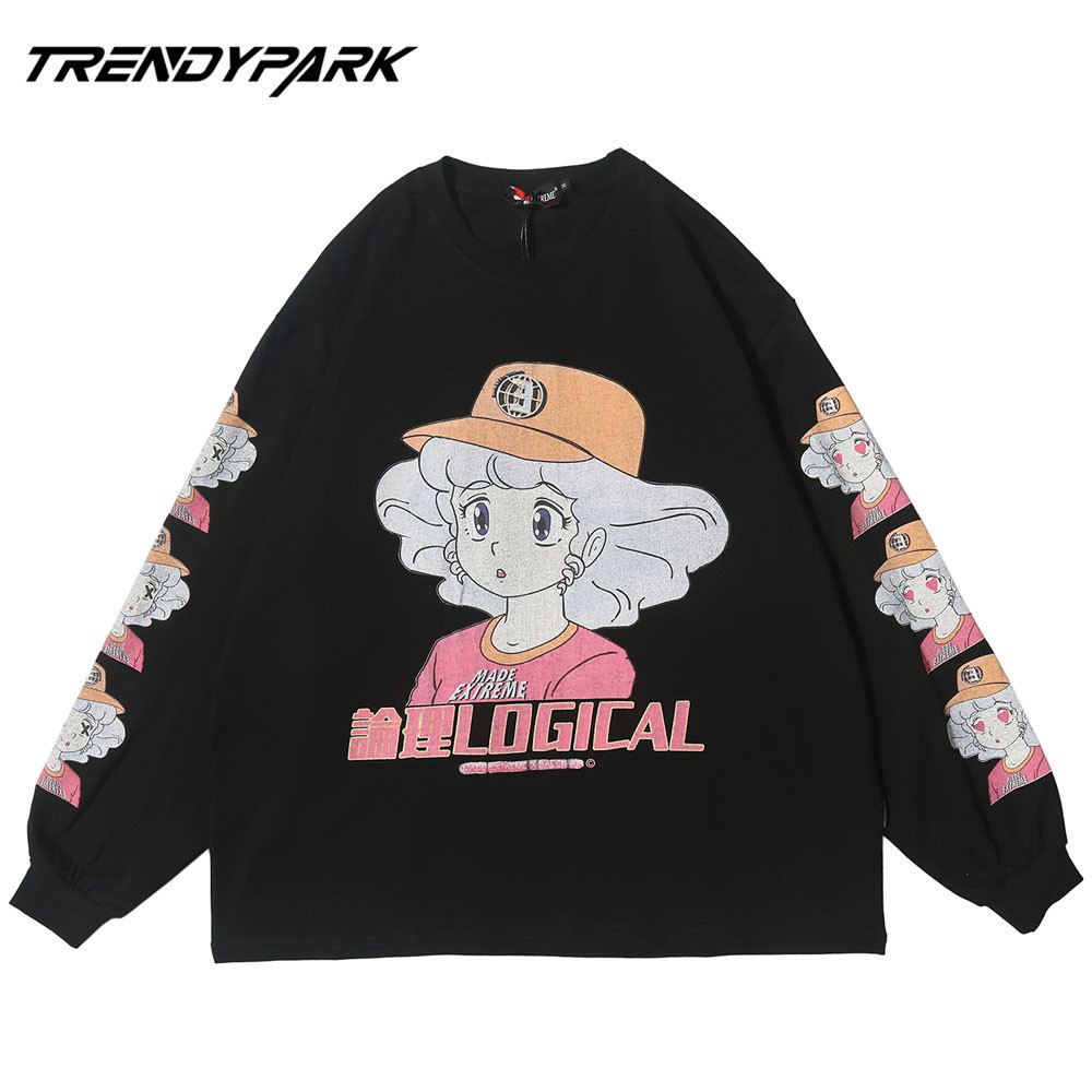 Men Women Printed Cartoon Pretty Girl T Shirt Hip Hop Oversized Streetwear Long Sleeve Harajuku Tshirt Cotton Tops Tees 201203