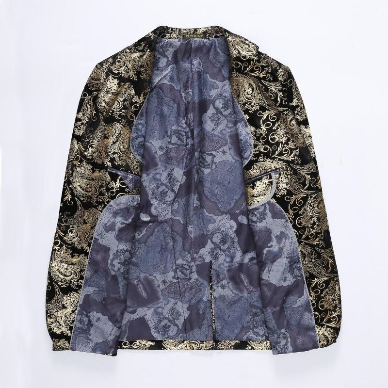 PLYHUNY Gold Printed Blazer Men Floral Casual Male Blazer Spring Arrival Fashion Mens Blazer Slim Fit Plus Asian Size 6XL 201104