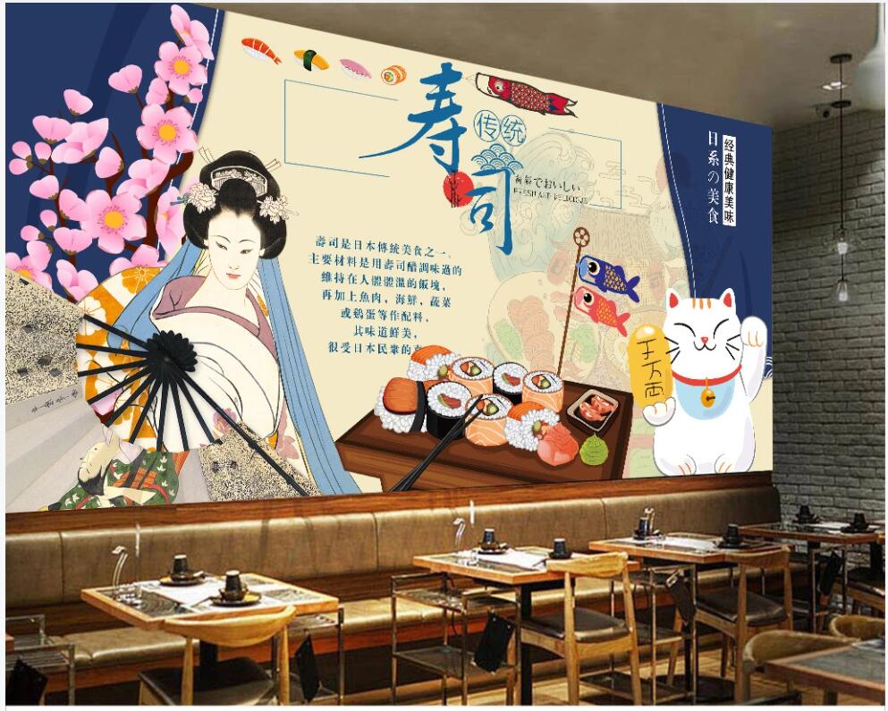 

3d wallpaper custom photo Japanese sushi kimono beauty singer lucky cat restaurant room Home decor 3d wall murals wallpaper for walls 3 d, Non-woven wallpaper