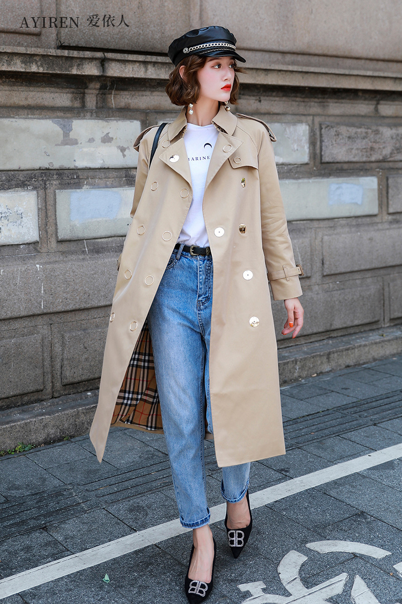 new early autumn Europe and the United States metal double-breasted loose cotton lapel casual women's long windbreaker LJ201128