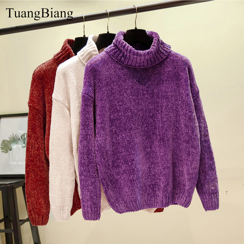 Chic Vintage Chenille Cashmere Womens Full sleeve Gold Velvet Sweaters Winter Ladies Solid Turtleneck Loose Female jumpers 201221