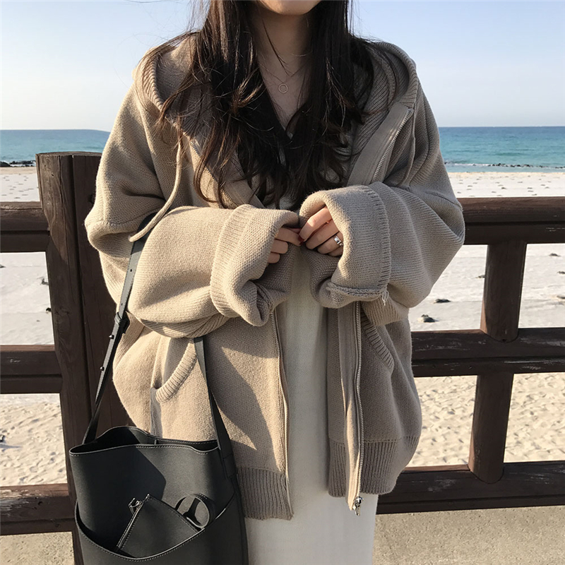 HziriP Autumn Winter Women Knitted Hooded Solid Coat Loose Jacket Thicken Coat Female Casual Overcoat Warm Outerwear 4 Colors 201106