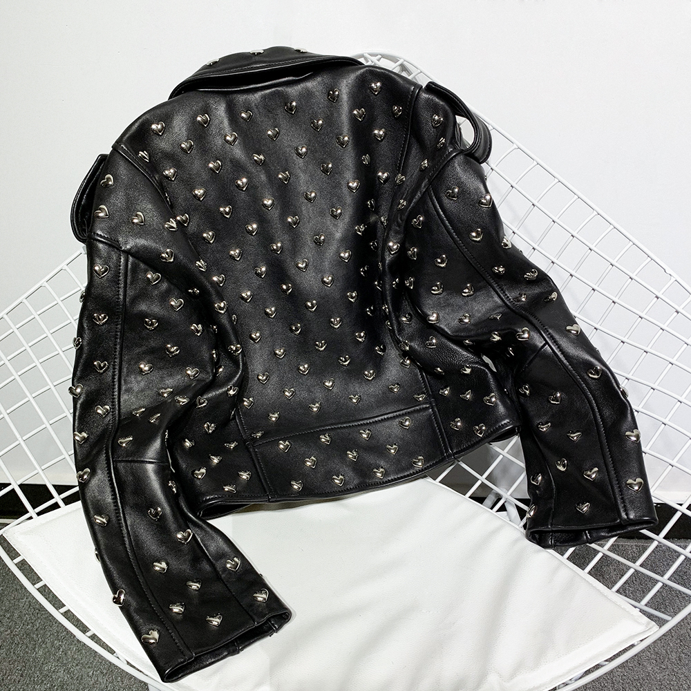 YOLOAgain women genuine leather jacket ladies high street heart rivet black real leather jacket 201030