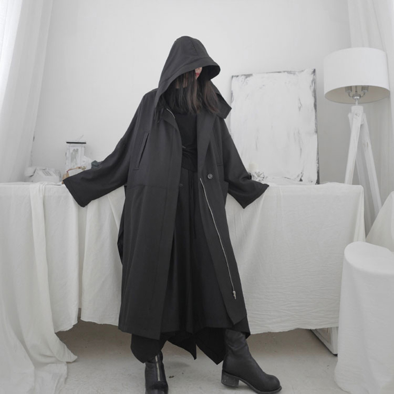 EAM Loose Fit Black Vent Split Joint Big Size Long Jacket Hooded Sleeve Women Coat Fashion Spring 1S662 201017