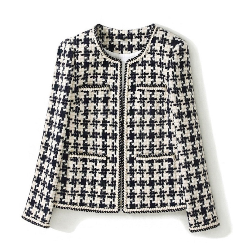 Plaid Tweed Jackets Women O-Neck Long Sleeve Office Lady Wool Coats Autumn Winter Outwear Vintage Korean Elegant Plus Size B380 201106