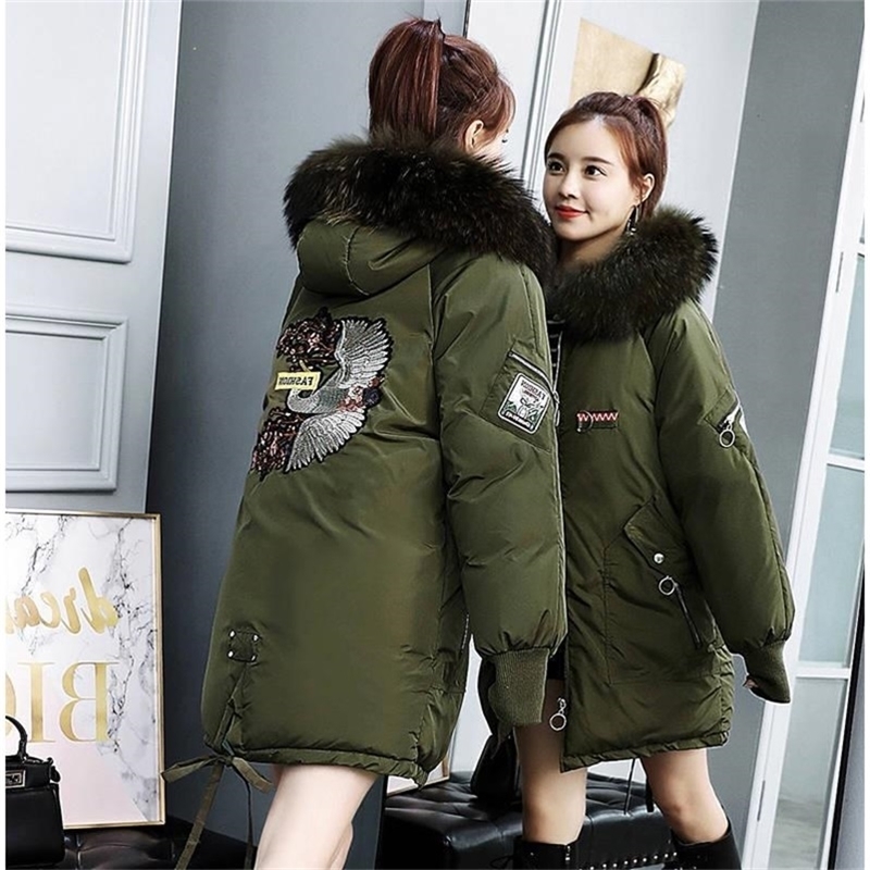 ZQLZ Winter Coat Women New Embroidery Casual Hooded Fur Collar Loose Long Parka Mujer Thick Warm Overcoat Fashion Jacket 200928
