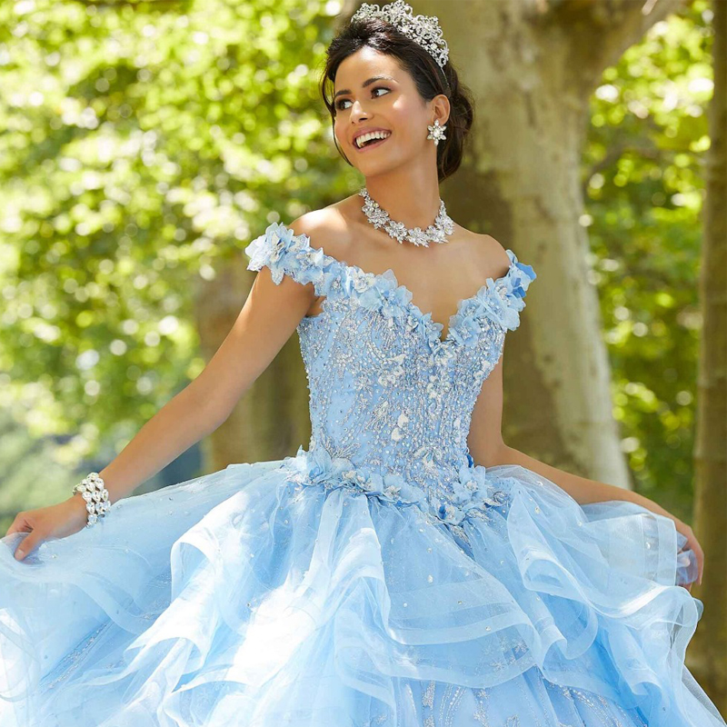 Light Blue Crystals Quinceanera Dresses Off the Shoulder Ruffles Tulle Skirt Sweet 16 Dress 3D Flower Bead Pageant Gown