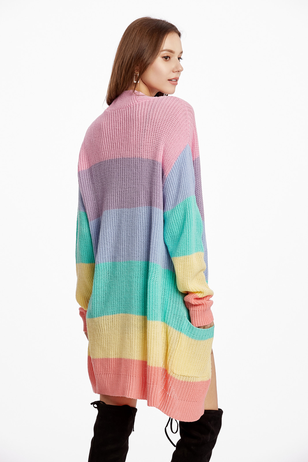 Womens elegant Loose Sweater Yellow Casual Coat Women Rainbow striped long cardigan female Autumn Winter knitted sweater Jacket 201221
