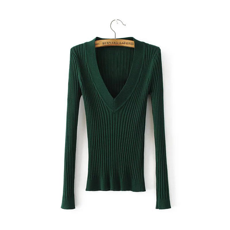 Spring Deep V Forest Green Pullovers Woman Stretch Knitted Sweater Women Elastic All Match Size Jumper Basic Tops C3554 201225