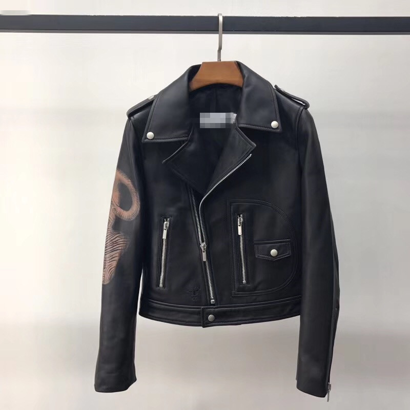 Women Genuine Leather Fashion Winter Lady Bomber Motorcycle Real Sheepskin Jackets Zippers High Quality Printed Leather 201030