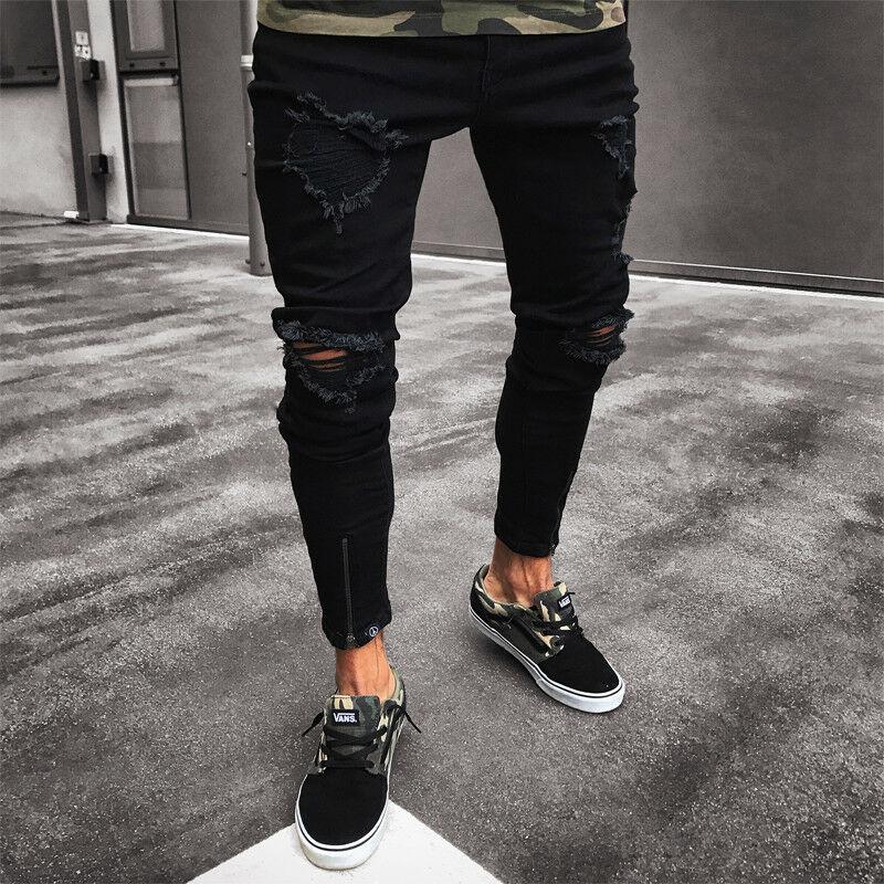 

Men Slim Biker Denim Jeans Skinny Frayed Pants Distressed Rip Troursers Zipper Pant Fashion Mens Cool Designer Black Ripped