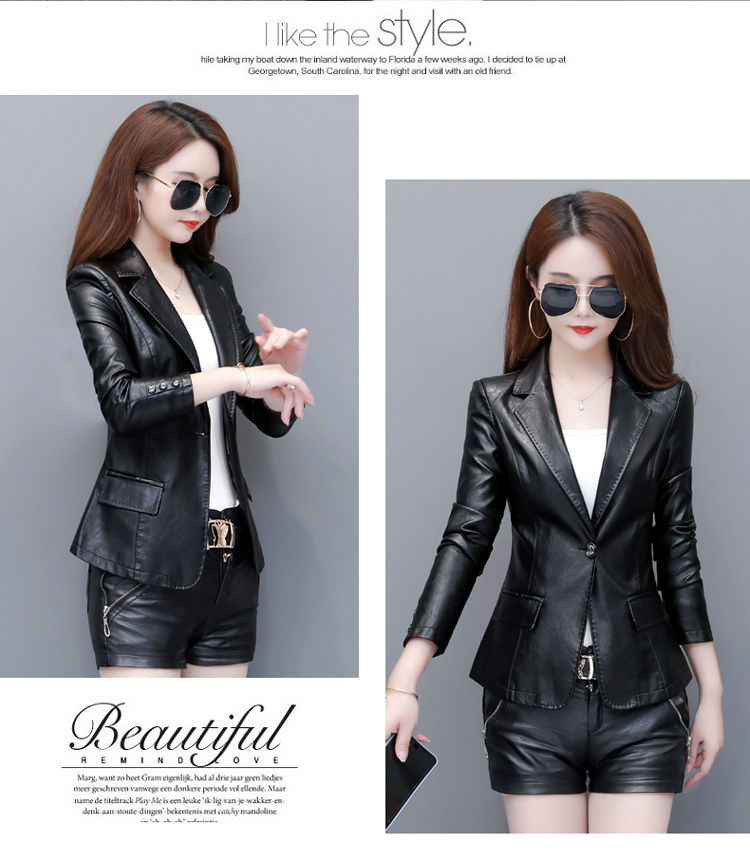 Autumn New womens turn down collar slim waist long sleeve PU leather blazer short coat plus size SMLXLXXL3XL4XL5XL large size casacos