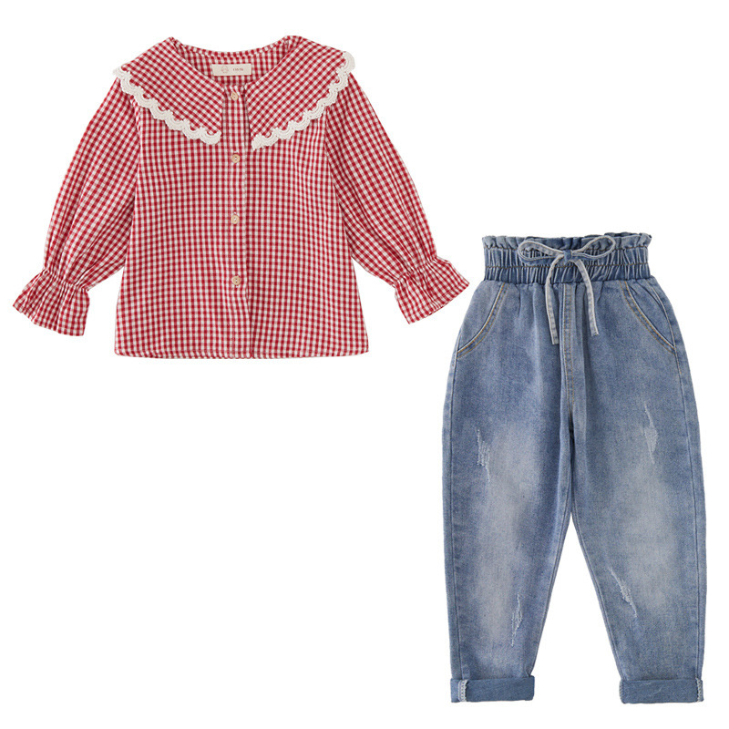 Baby girl clothes set in spring, big kids children's lace plaid shirt jeans set cotton girl clothes girl clothes 2pcs autumnX1019