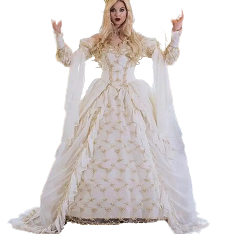 Vintage Medieval Victorian Wedding Dresses Gothic Ball Gown 2022 Ivory And Gold Lace Long Sleeve Lace-up Corset Masquerade Dress Plus Size Bride Caste