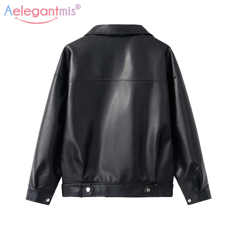 Aelegantmis New Loose PU Faux Leather Jacket Women Classic Moto Biker Jacket Autumn Winter Lady Basic Coat Plus Size Outerwear 201020
