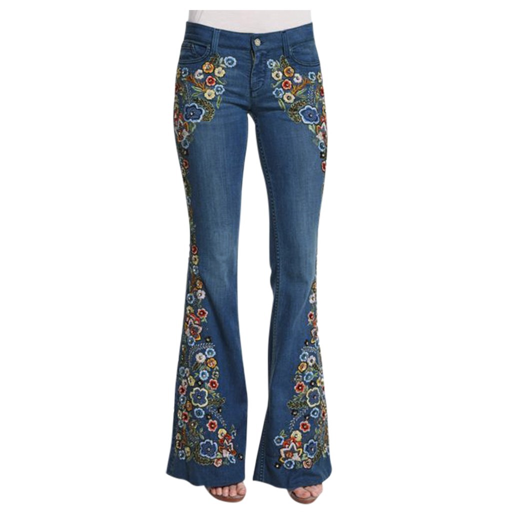 Women Mom Flare Jeans Vintage Embroidery Floral Print Button Waist Bell Bottom Denim Pants Women Casual Boyfriend Jeans 201012