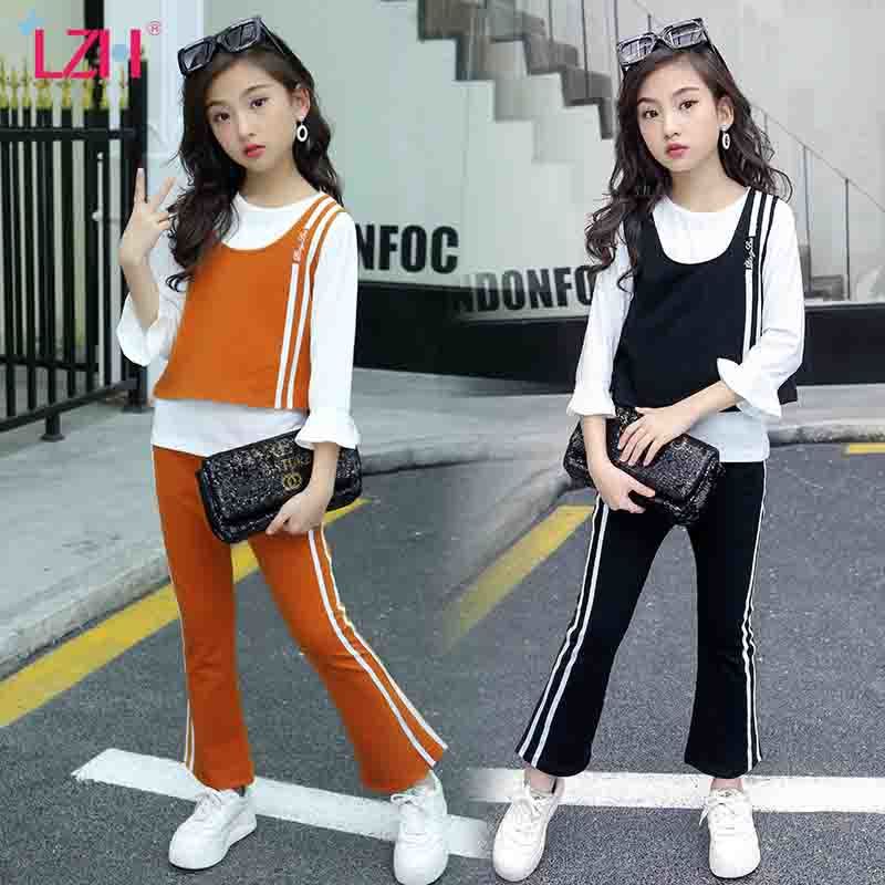LZH All-Match Teenager Girl Clothes Fashion Striped Vest Autumn 3Pcs Set Simplicity Kids Suit Children's Clothing 5 To 12 Years Y1106