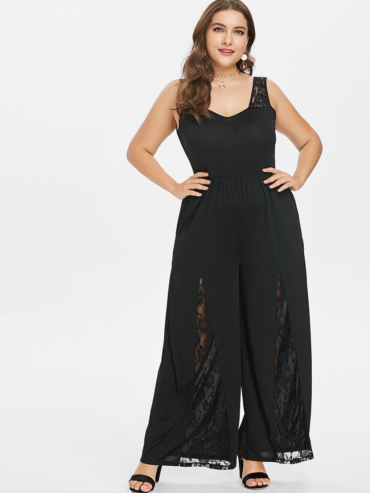Wipalo Women Plus Size 5XL Lace Panel Wide Leg Jumpsuit Casual Solid Plunging Neck Sleeveless Floor Length Jumpsuit Big Size Set T200509