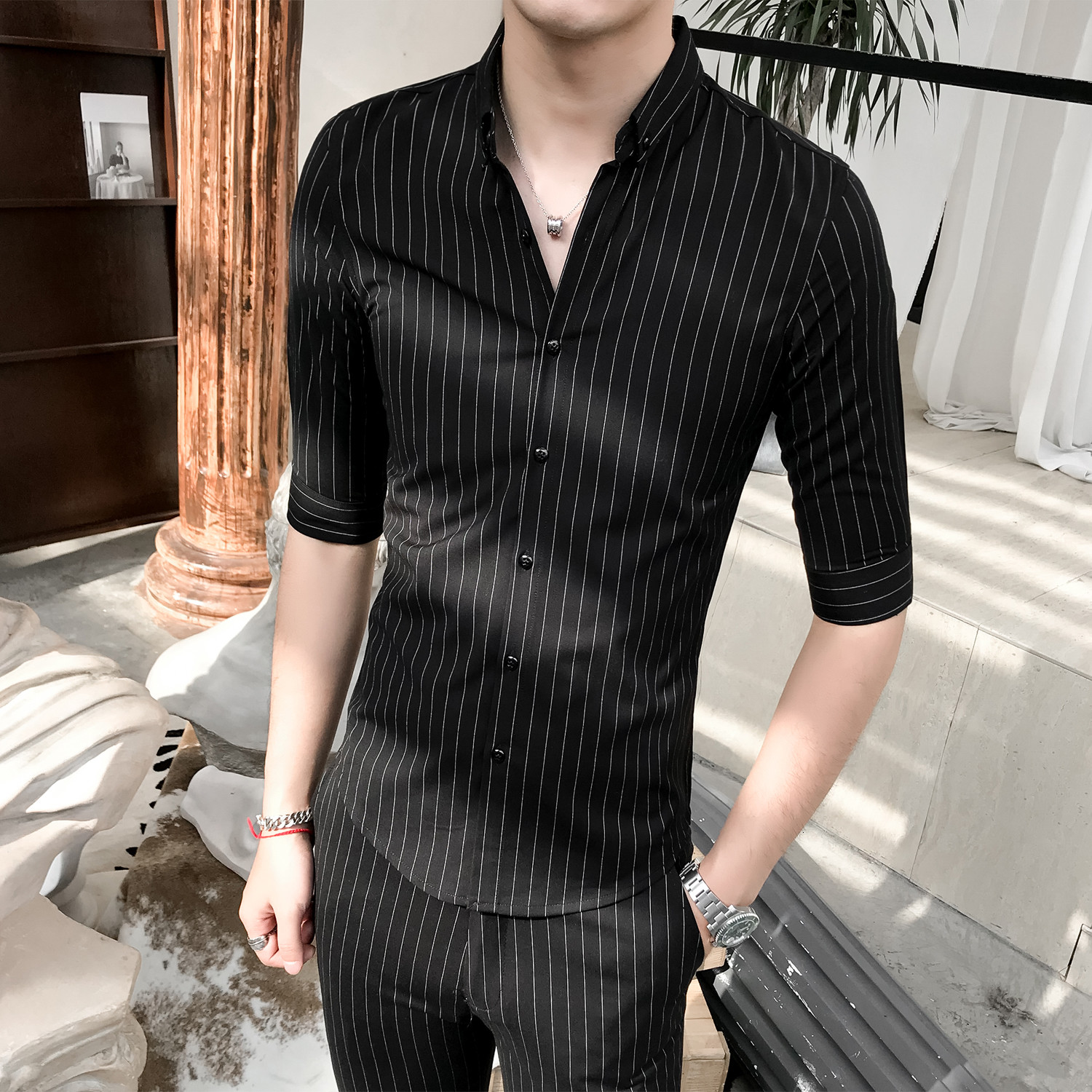 2021 New Summer Men's Sleeve Shirt Calf-length Pants Two Piece Top and Short Fashion Stripe Set Wqze, Gray 
2021 New Summer Men's Sleeve Shirt Calf-length Pants Two Piece Top and Short Fashion Stripe Set Wqze, Gray