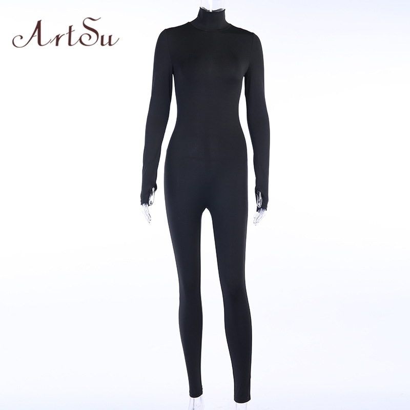 Artsu Women Long Sleeve Fitness Jumpsuit Bodycon Zipper Skinny Female Casual Bodysuit Rompers Vintage Overalls ASJU70158 201007